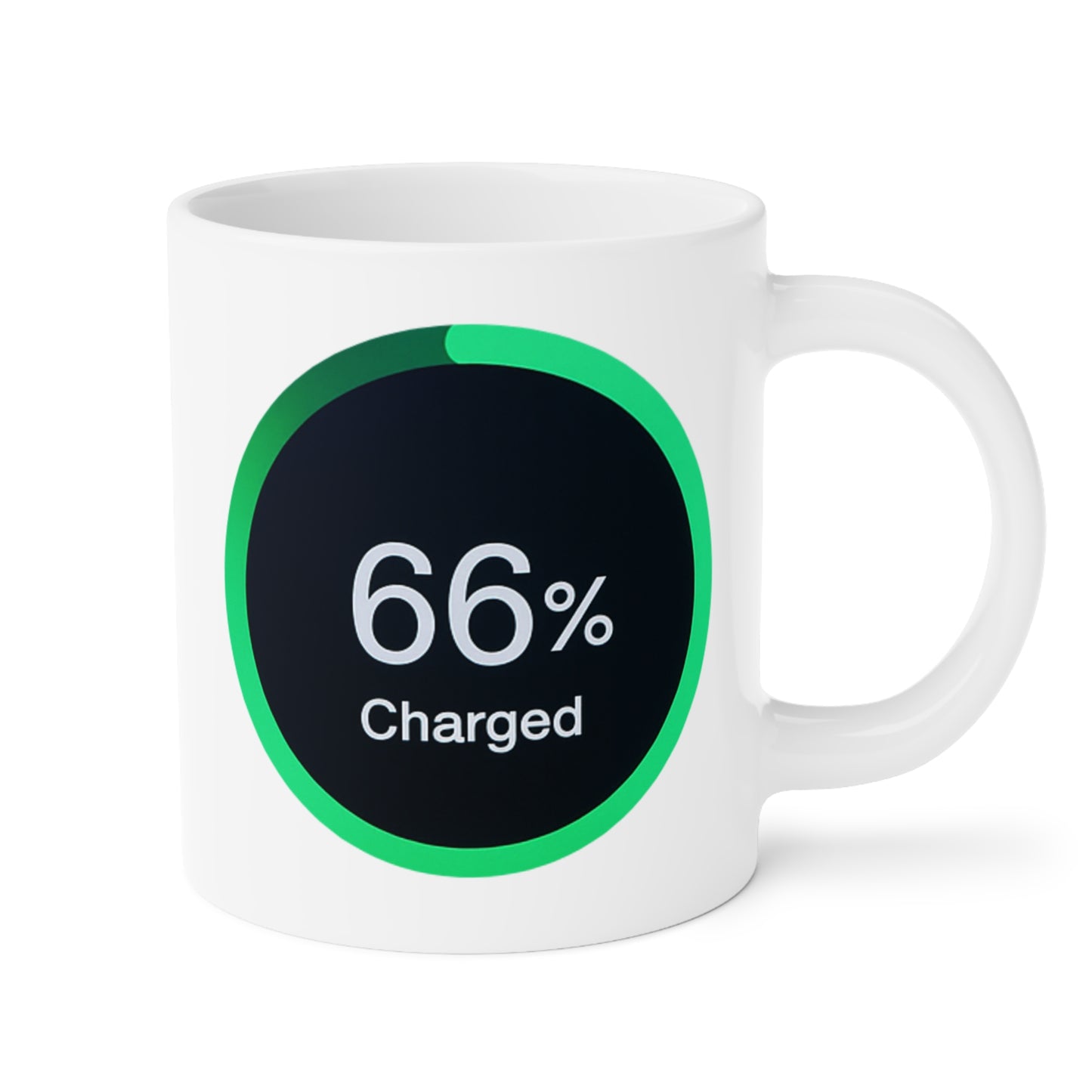 Mug displaying a green-ringed power meter icon reading 66% charged on a black background.