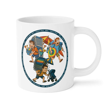 White 66% Beach Dad mug showcasing three overburdened cartoon dads hauling beach chairs, umbrellas, buckets and rings—a fun gift for fathers.