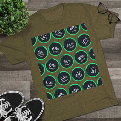 Retro 66% Charged Pattern Tee — tri-blend shirt, flat-lay battery gauge pattern, repeat “66% Charged” graphic, casual unisex style.