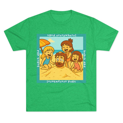 “Beach Dad Buried 66% Tri-Blend Tee — graphic tee flat-lay, cartoon dad sand-buried under umbrella, three kids playing, teal ‘sand everywhere!’ square border, ‘beach dad’ text, unisex casual style.