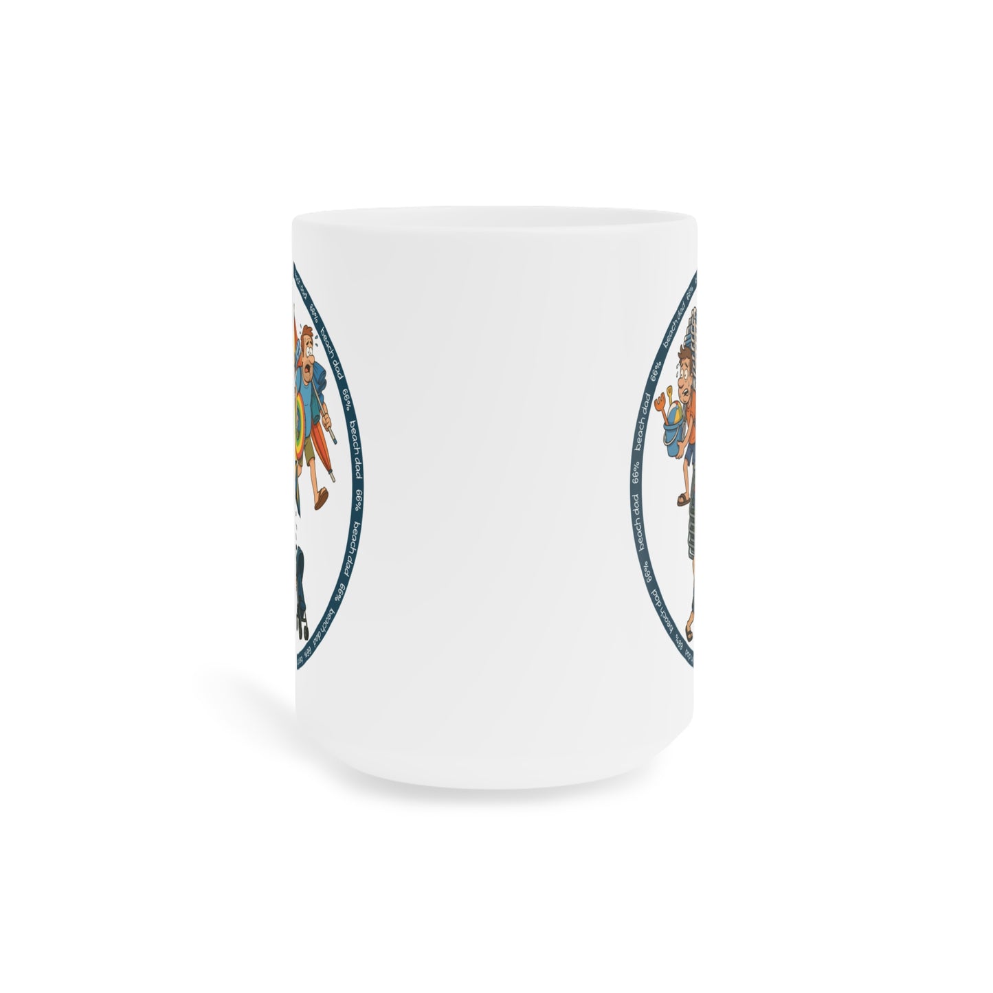 White 66% Beach Dad mug showcasing three overburdened cartoon dads hauling beach chairs, umbrellas, buckets and rings—a fun gift for fathers.