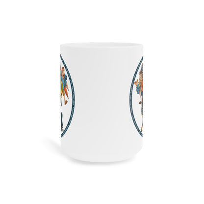 White 66% Beach Dad mug showcasing three overburdened cartoon dads hauling beach chairs, umbrellas, buckets and rings—a fun gift for fathers.