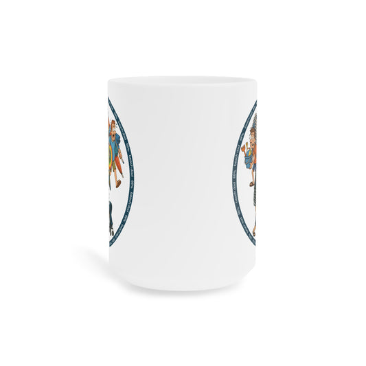 White 66% Beach Dad mug showcasing three overburdened cartoon dads hauling beach chairs, umbrellas, buckets and rings—a fun gift for fathers.