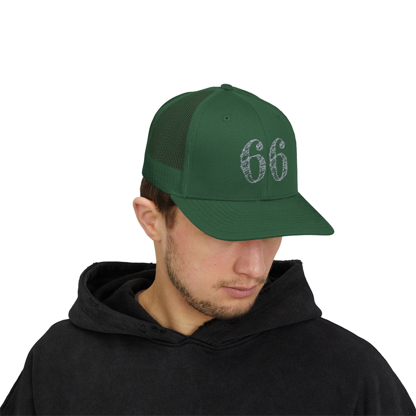 Mesh-back trucker hat with distressed ‘66’ printed on the front panel