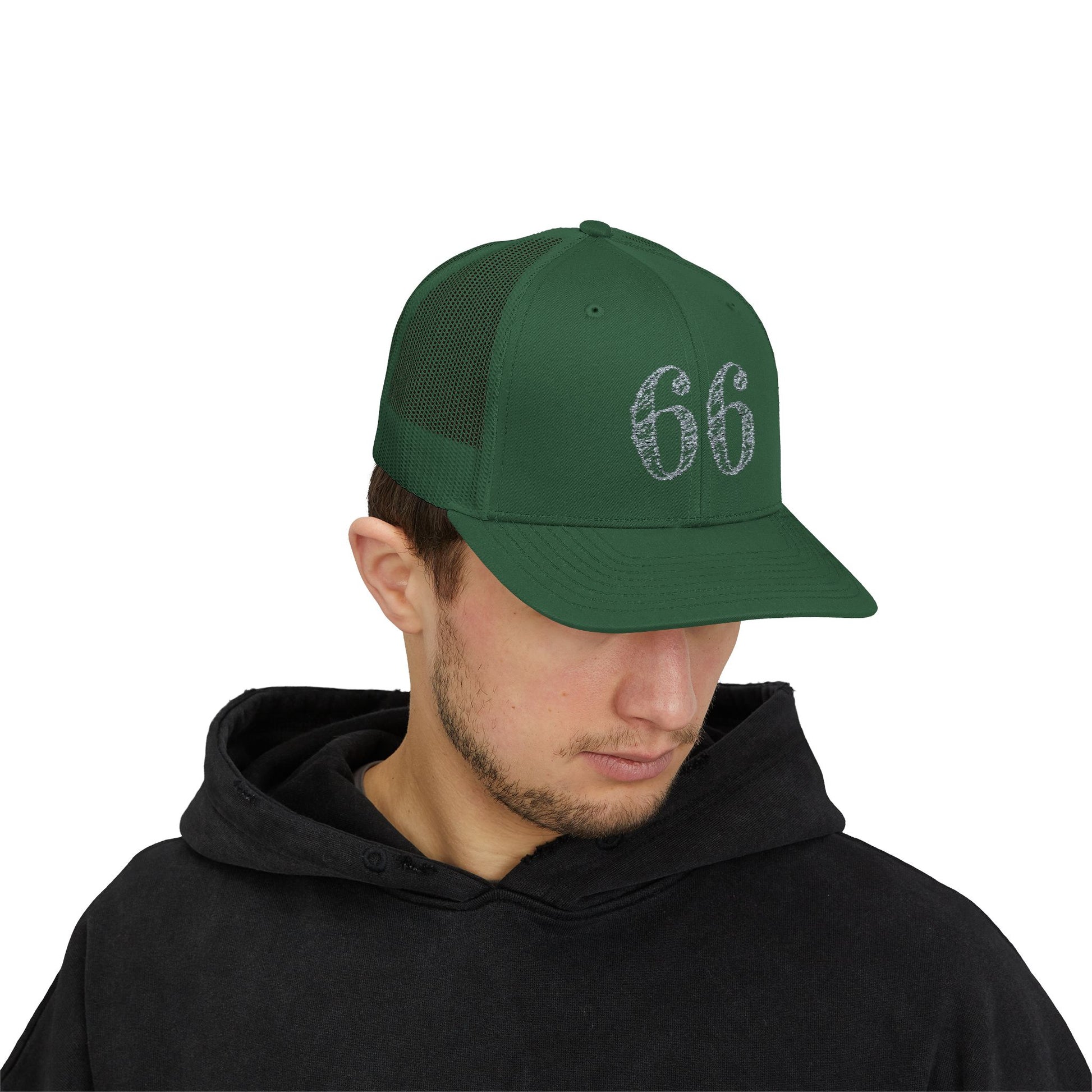 Mesh-back trucker hat with distressed ‘66’ printed on the front panel