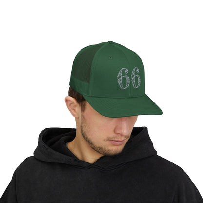 Mesh-back trucker hat with distressed ‘66’ printed on the front panel