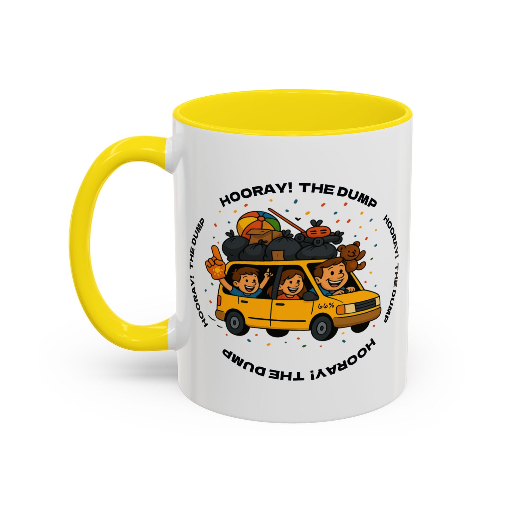 Cartoon yellow “66%” minivan mug decal with roof piled high in trash bags, lawnmower and beach ball, plus a smiling dad and two waving daughters amid confetti.