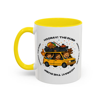 Cartoon yellow “66%” minivan mug decal with roof piled high in trash bags, lawnmower and beach ball, plus a smiling dad and two waving daughters amid confetti.