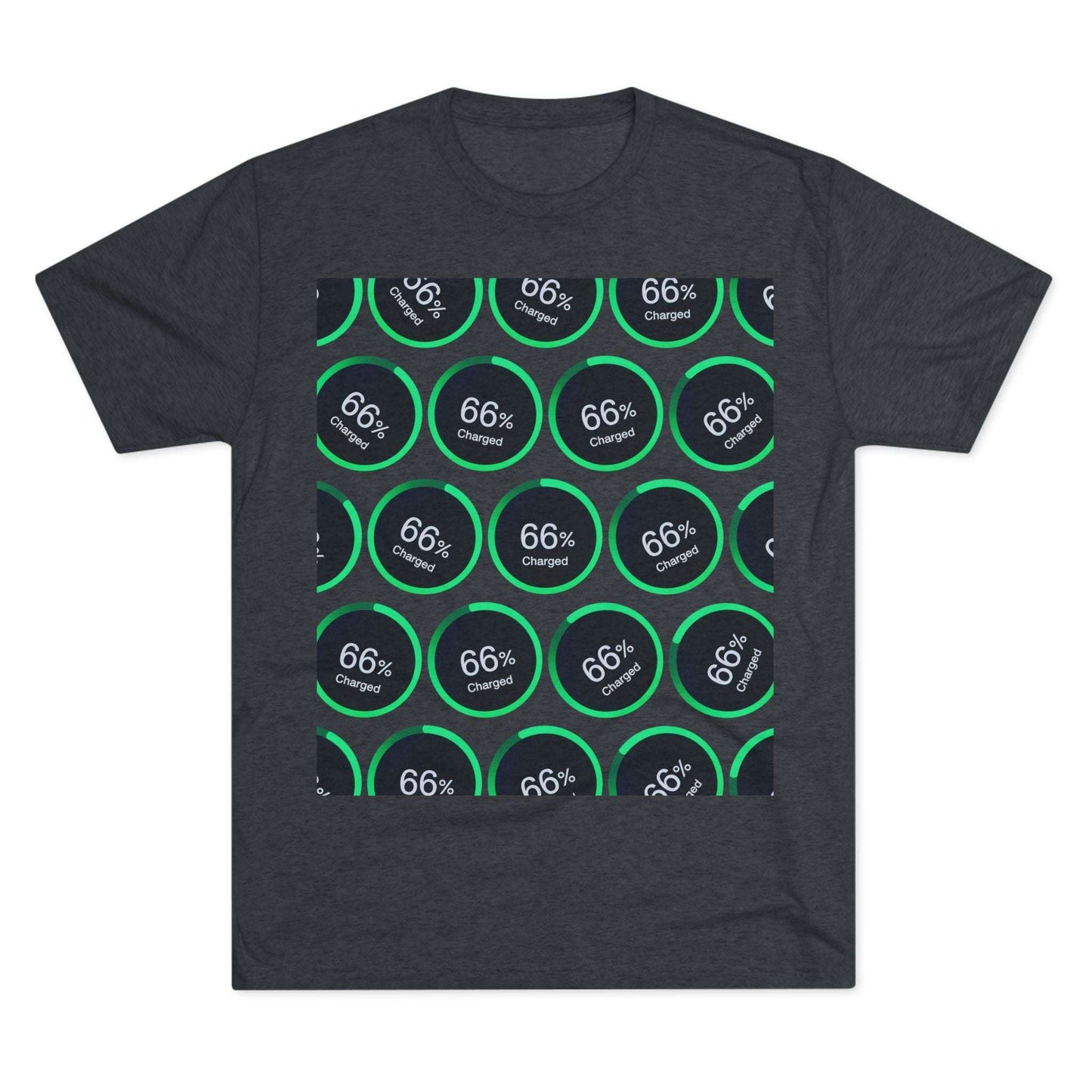 Retro 66% Charged Pattern Tee — tri-blend shirt, flat-lay battery gauge pattern, repeat “66% Charged” graphic, casual unisex style.