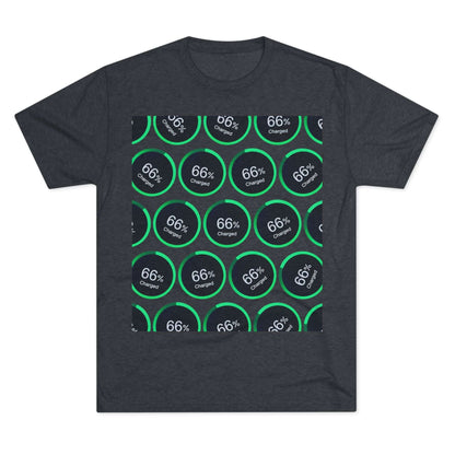 Retro 66% Charged Pattern Tee — tri-blend shirt, flat-lay battery gauge pattern, repeat “66% Charged” graphic, casual unisex style.