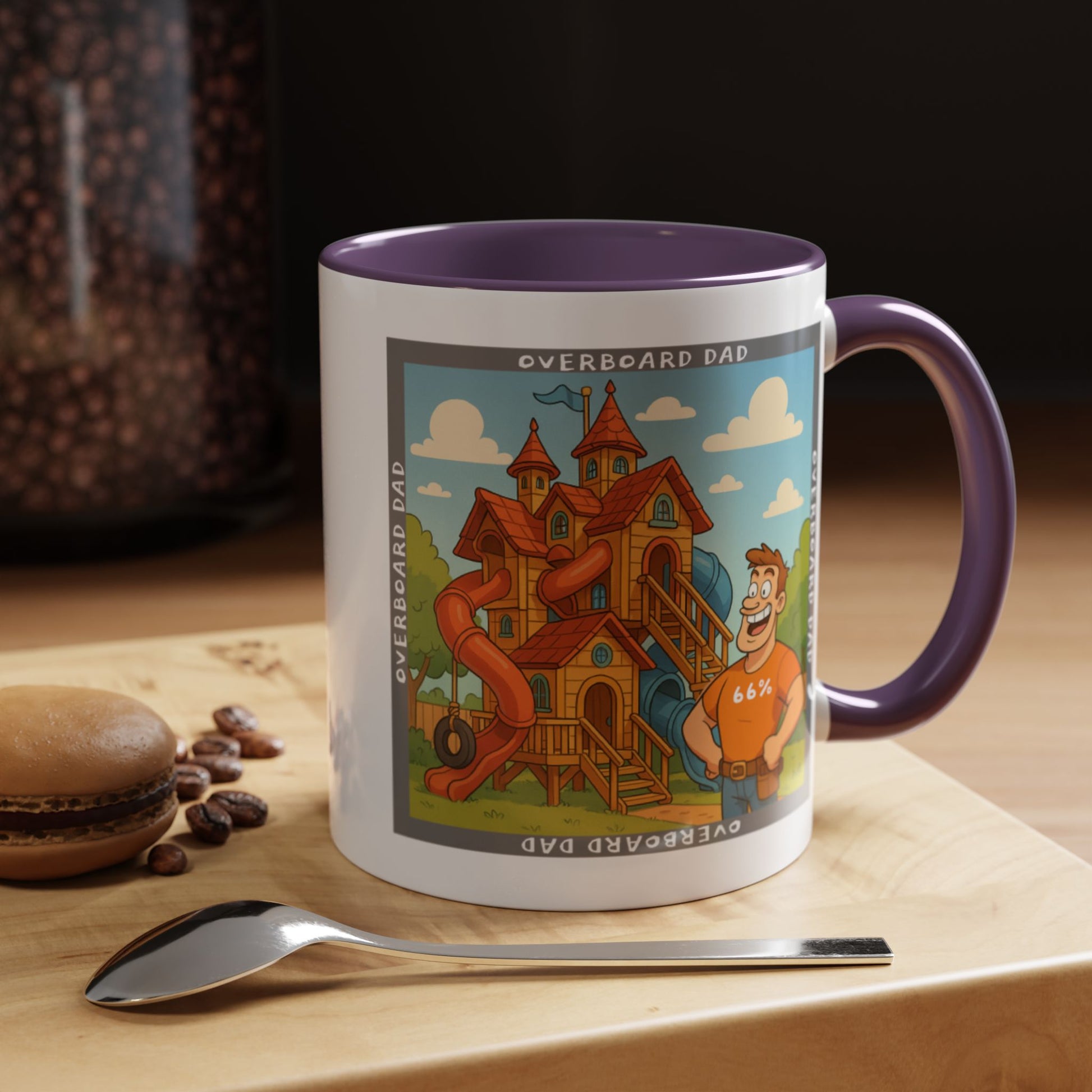 White ceramic mug printed with a cartoon dad wearing a ‘66%’ shirt standing beside a multi-level wooden playhouse with twisting slides, framed by the text ‘OVERBOARD DAD’.