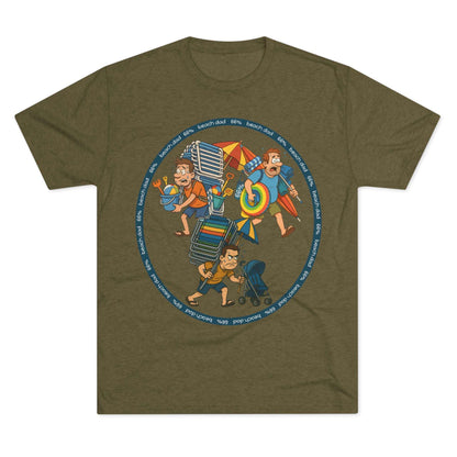 Cartoon dad overloaded with beach gear in three chaotic poses, “Beach Dad 66%” design on bright blue tri-blend tee – funny parenting shirt by 66 Percent