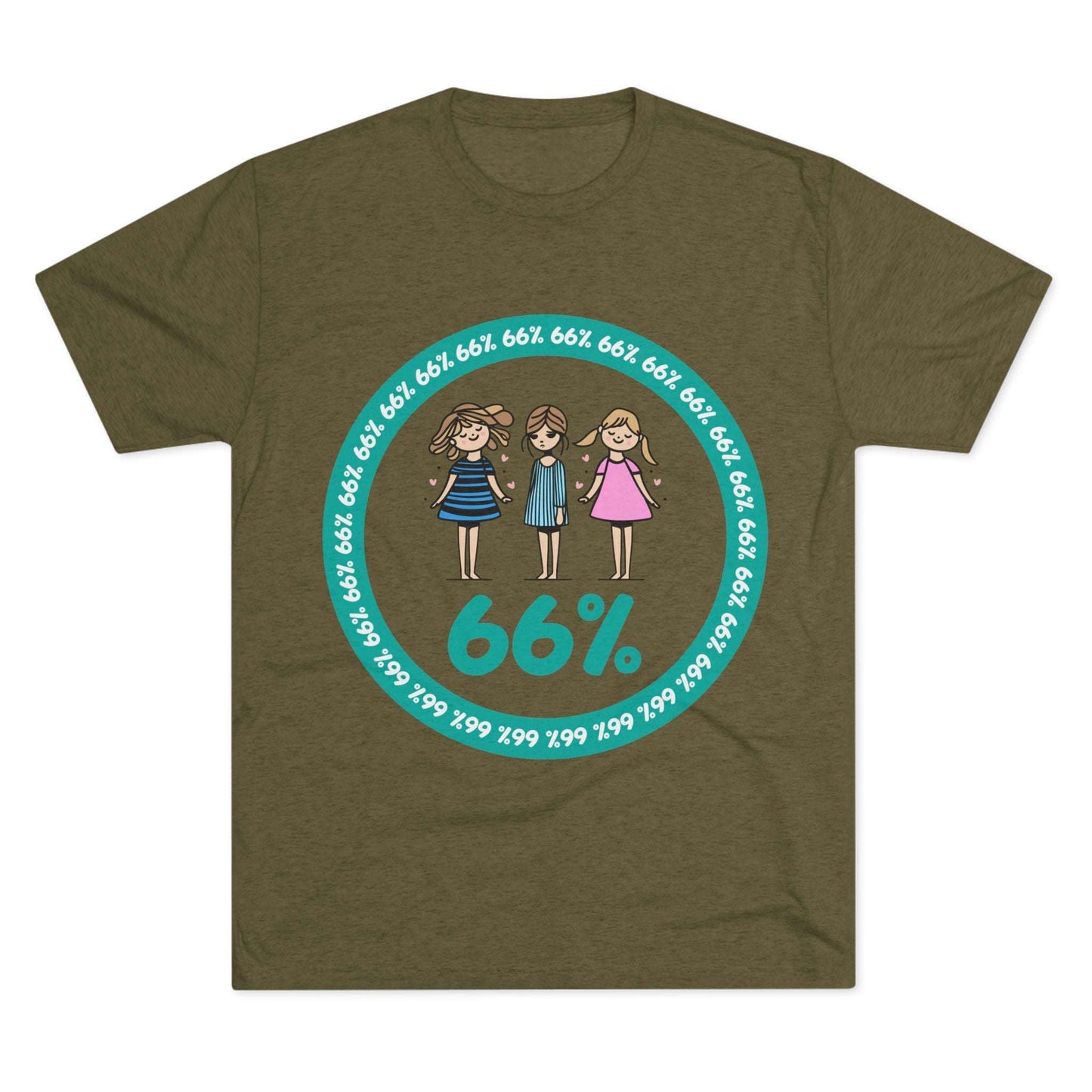Flat-lay of tri-blend tee with three cartoon girls inside a teal 66% circle and repeating 66% border