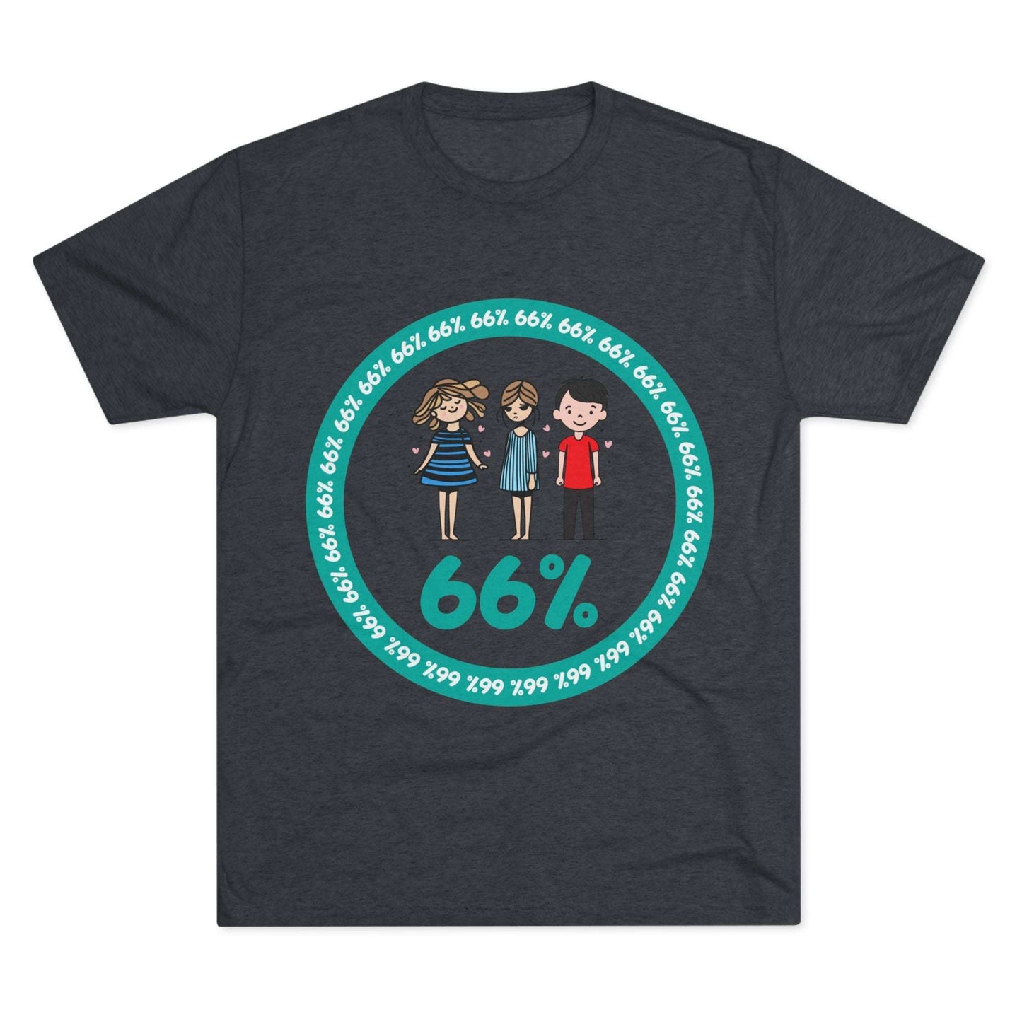 Flat-lay of tri-blend tee with two cartoon girls and one boy inside a teal 66% circle and repeating 66% border