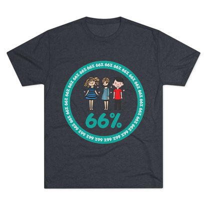 Flat-lay of tri-blend tee with two cartoon girls and one boy inside a teal 66% circle and repeating 66% border