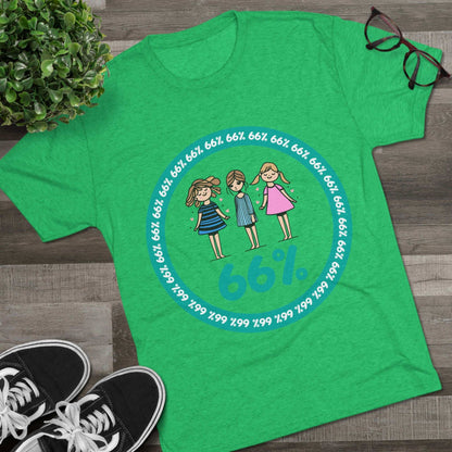 Flat-lay of tri-blend tee with three cartoon girls inside a teal 66% circle and repeating 66% border