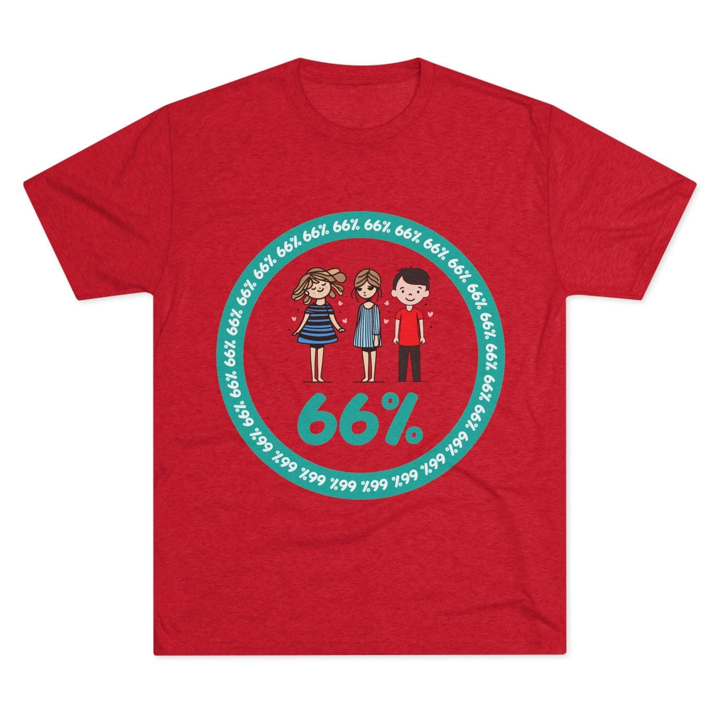 Flat-lay of tri-blend tee with two cartoon girls and one boy inside a teal 66% circle and repeating 66% border