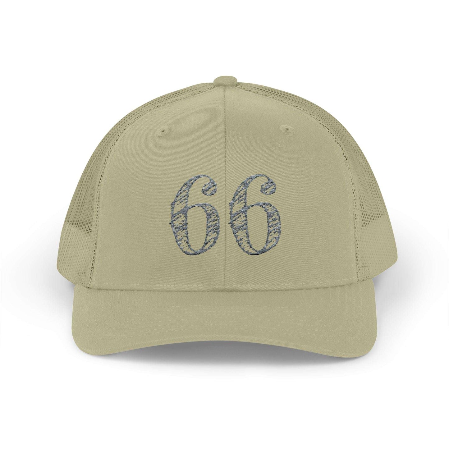 Mesh-back trucker hat with distressed ‘66’ printed on the front panel