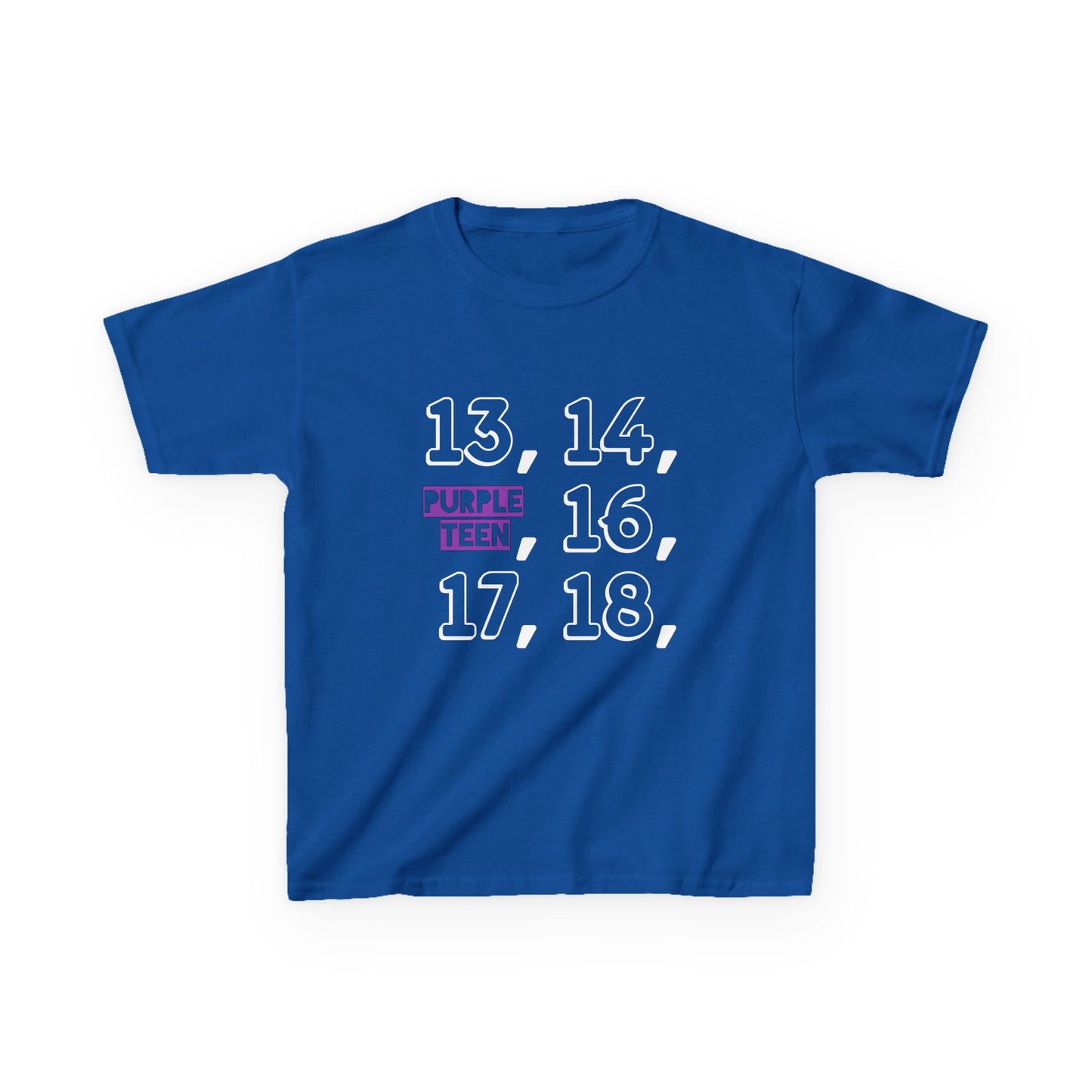 Blue t-shirt with white text on a white background