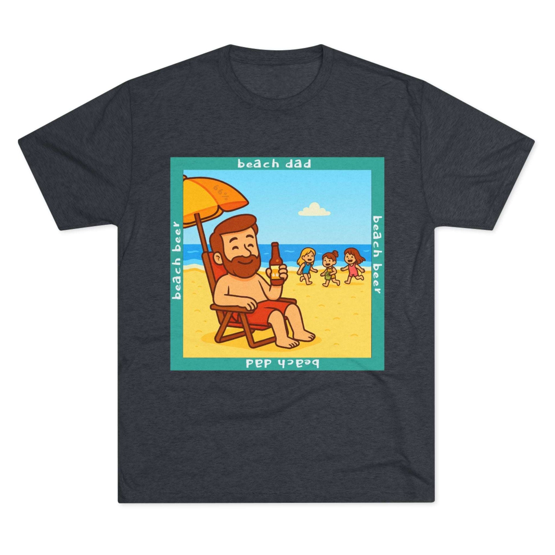 Beach Dad drinking beer on the sand with kids playing – 66% Tri-Blend Tee