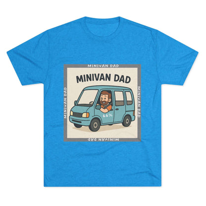Minivan Dad 66% Tri-Blend Tee — graphic tee flat-lay, cartoon dad driving blue minivan, ‘66%’ decal, gray ‘MINIVAN DAD’ square border, casual unisex style.