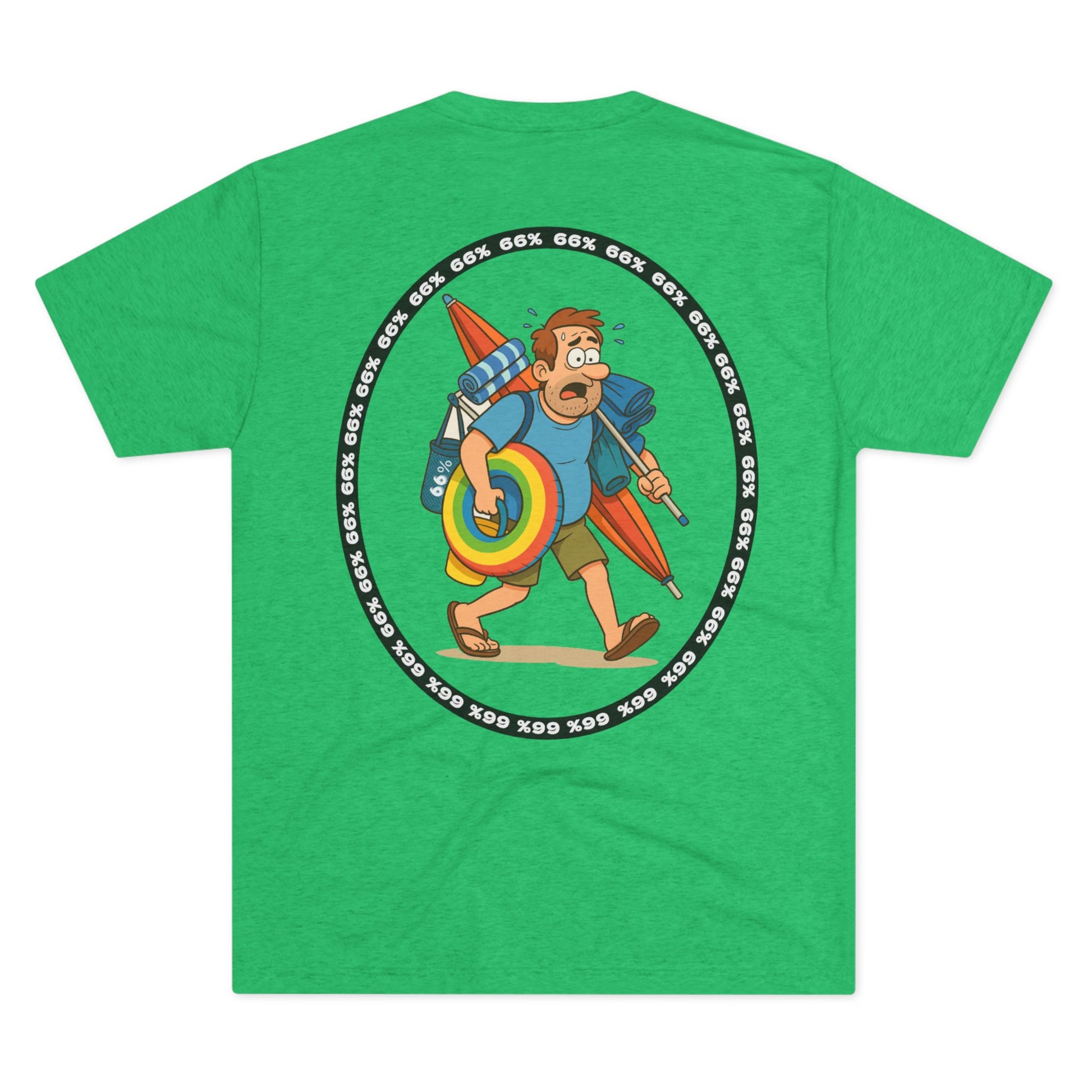 Tri-blend tee featuring large central circular graphic of overwhelmed ‘Beach Dad’ loaded down with chairs, umbrella, floatie and towels, with ‘66% beach dad’ ring
