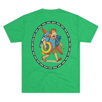 Tri-blend tee featuring large central circular graphic of overwhelmed ‘Beach Dad’ loaded down with chairs, umbrella, floatie and towels, with ‘66% beach dad’ ring