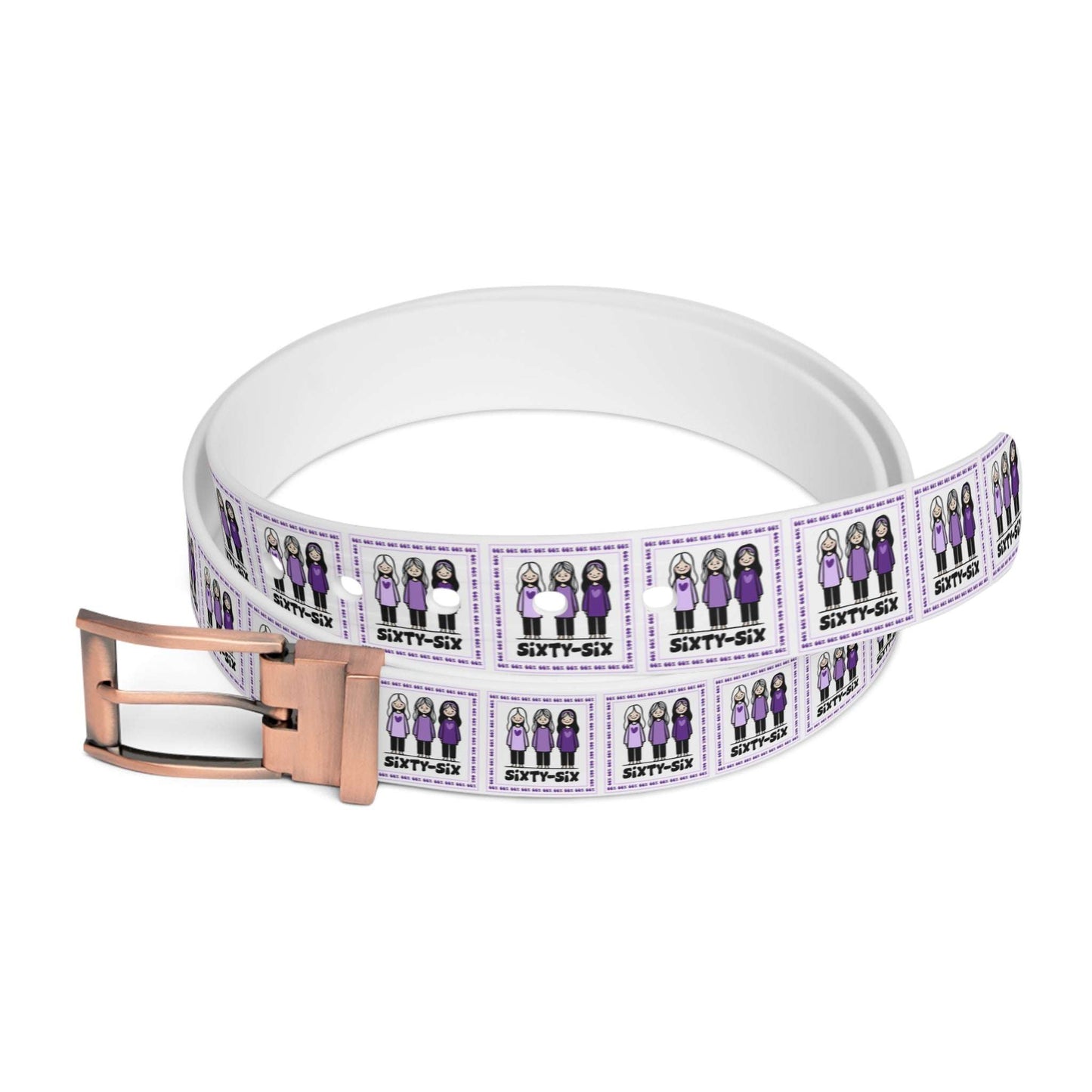 A roll-out belt featuring a pattern of cartoon illustrations: three girls wearing purple dresses inside a bordered square, with ‘Sixty-Six’ printed below each group.
