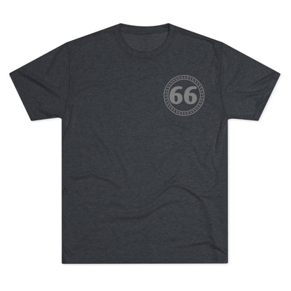 Retro 66% Tri-Blend Tee — flat-lay graphic t-shirt with circular 66 logo, heather blend, casual unisex style
