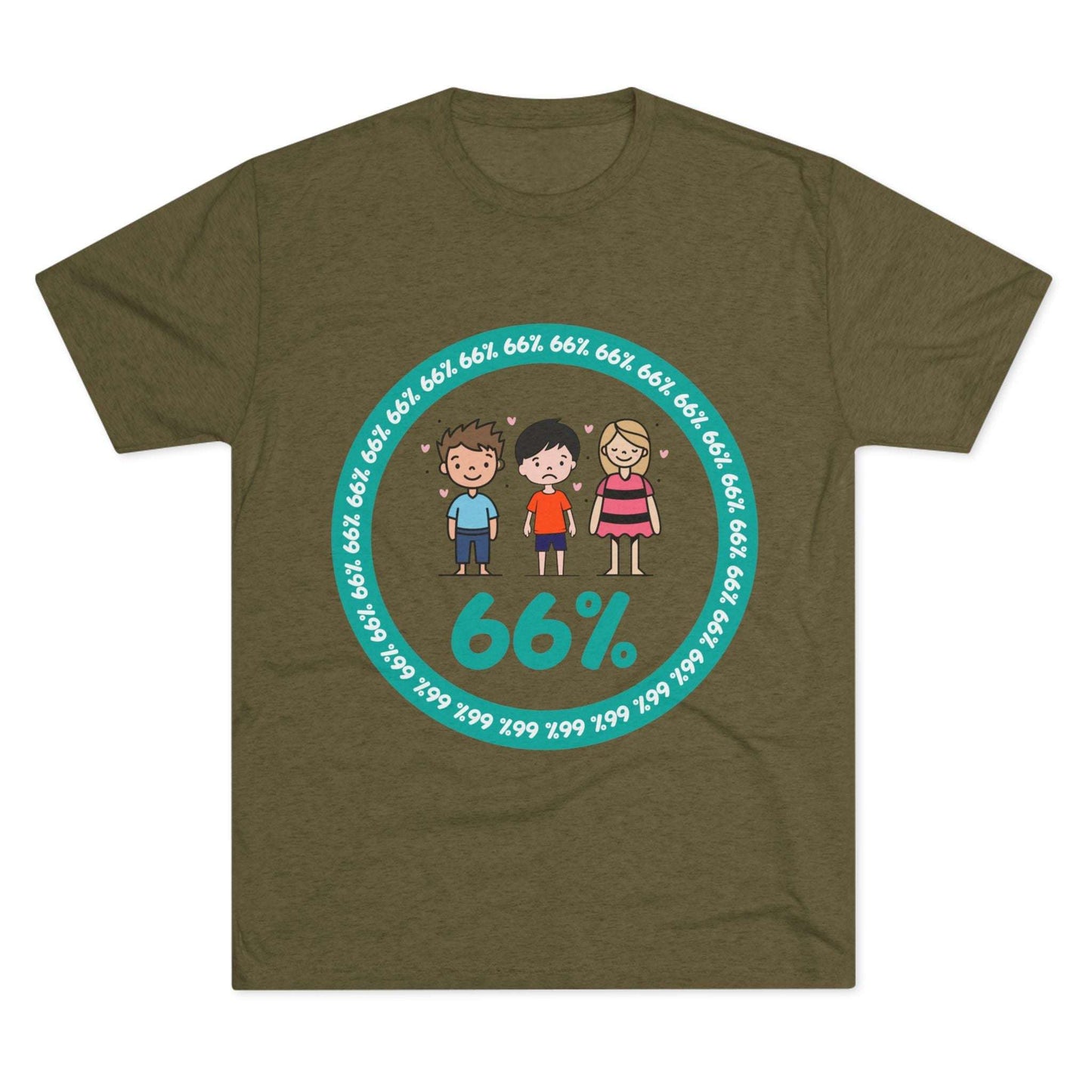 Flat-lay of tri-blend tee with two cartoon boys and one girl inside a teal 66% circle and repeating 66% border
