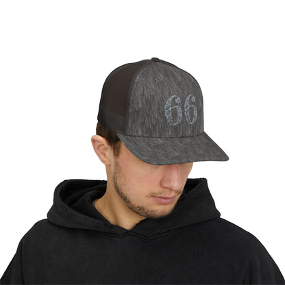 Mesh-back trucker hat with distressed ‘66’ printed on the front panel