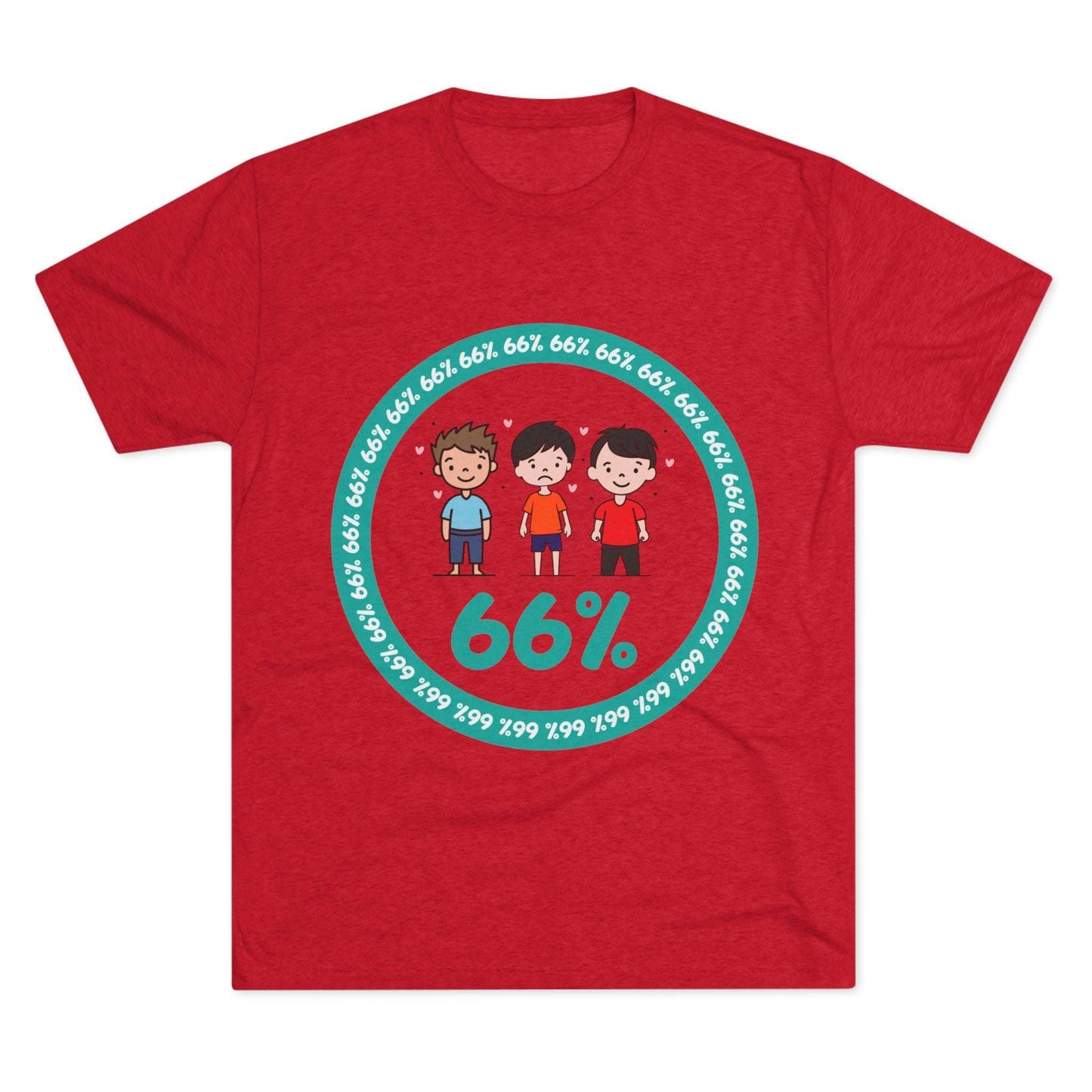 Flat-lay of tri-blend tee with three cartoon boys inside a teal 66% circle and repeating 66% border