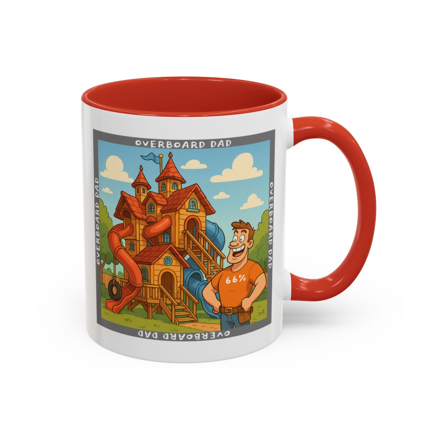 White ceramic mug printed with a cartoon dad wearing a ‘66%’ shirt standing beside a multi-level wooden playhouse with twisting slides, framed by the text ‘OVERBOARD DAD’.