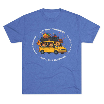 Cartoon yellow “66%” minivan T-shirt design with roof piled high in trash bags, lawnmower and beach ball, plus a dad driving and two excited kids waving with confetti.