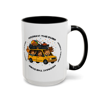 Cartoon yellow “66%” minivan mug decal with roof piled high in trash bags, lawnmower and beach ball, plus a smiling dad and two waving daughters amid confetti.