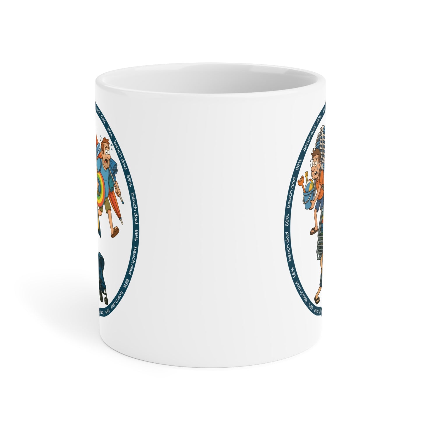 White 66% Beach Dad mug showcasing three overburdened cartoon dads hauling beach chairs, umbrellas, buckets and rings—a fun gift for fathers.
