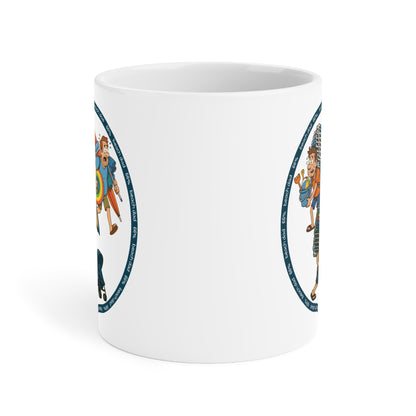 White 66% Beach Dad mug showcasing three overburdened cartoon dads hauling beach chairs, umbrellas, buckets and rings—a fun gift for fathers.