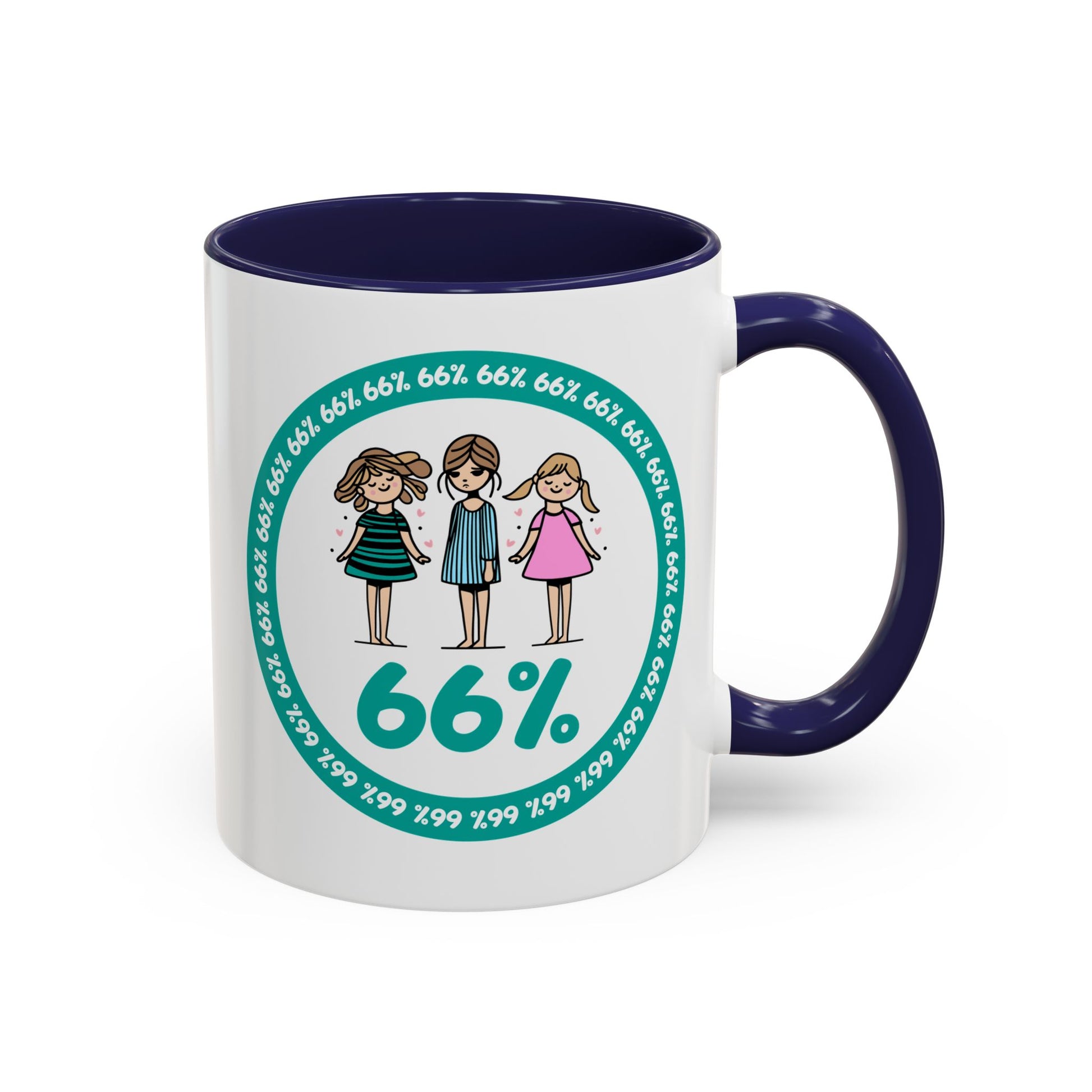 White 66% coffee mug with black handle, featuring three cute daughter illustrations in teal and pink—perfect gift for parents of three kids
