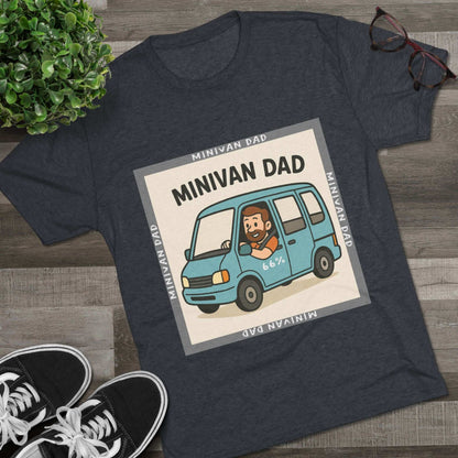 Minivan Dad 66% Tri-Blend Tee — graphic tee flat-lay, cartoon dad driving blue minivan, ‘66%’ decal, gray ‘MINIVAN DAD’ square border, casual unisex style.