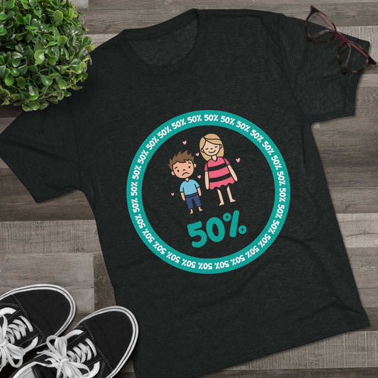Original Boy Girl 50% Tri-Blend Tee — graphic t-shirt flat-lay, cartoon siblings inside teal 50% circle, repeating 50% pattern, bold 50% text, casual unisex style.