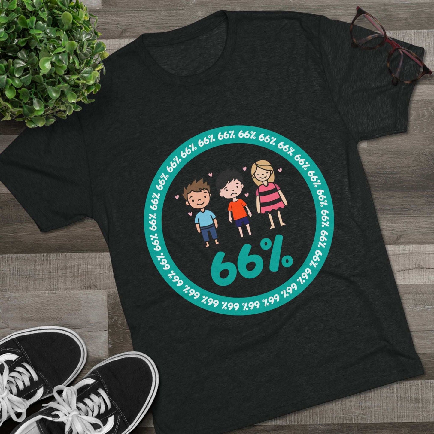 Flat-lay of tri-blend tee with two cartoon boys and one girl inside a teal 66% circle and repeating 66% border