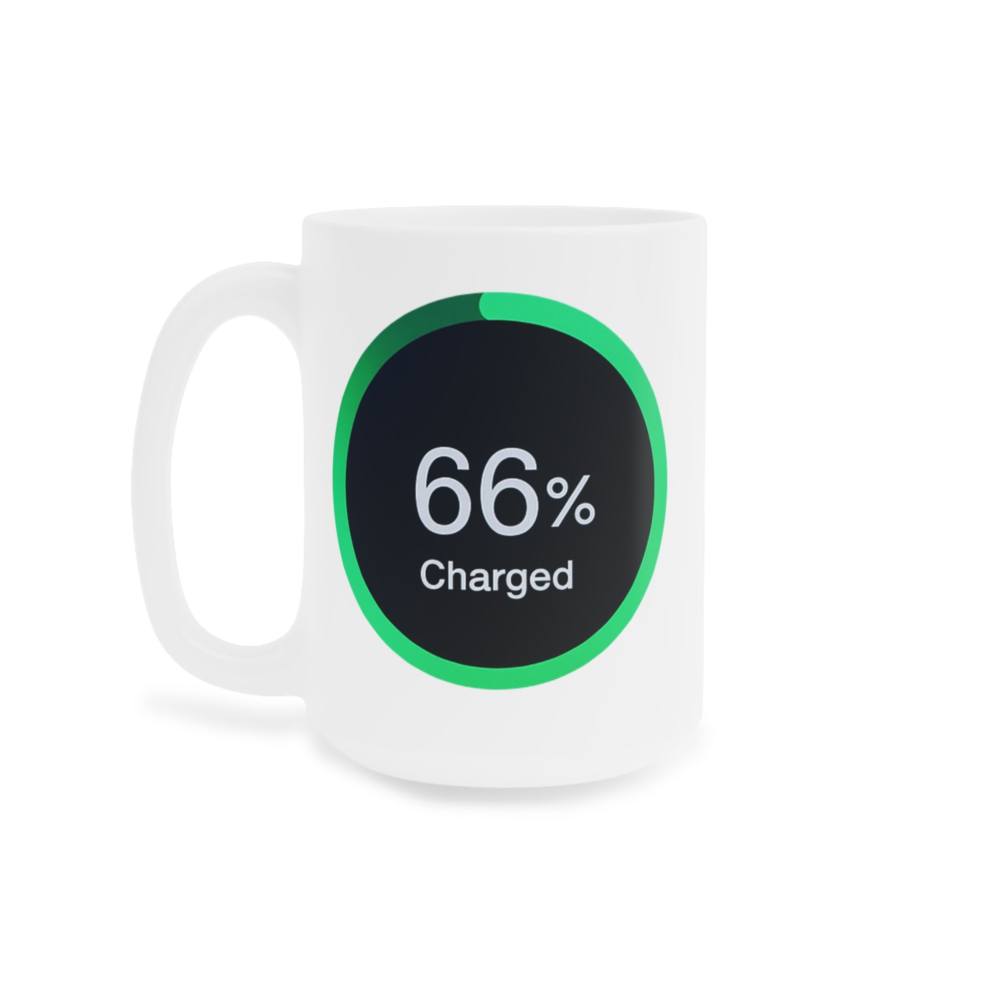 Mug displaying a green-ringed power meter icon reading 66% charged on a black background.