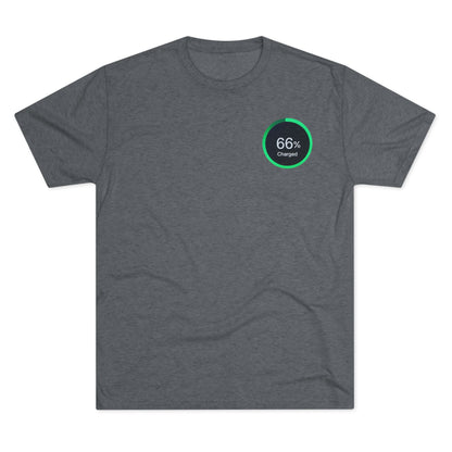 Retro 66% Charged Tri-Blend Tee, showing a vibrant green circular battery gauge reading “66% Charged” 