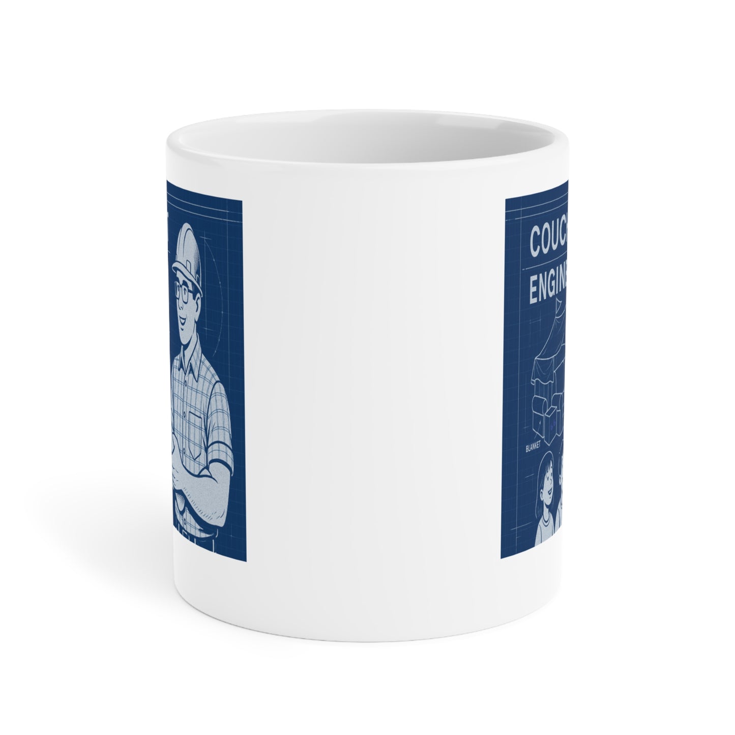 Blueprint-themed mug design reading ‘Couch Fort Engineer,’ depicting a dad wearing safety glasses and hardhat holding a plan, alongside a cutaway diagram of a living-room couch fort and three happy kids.
