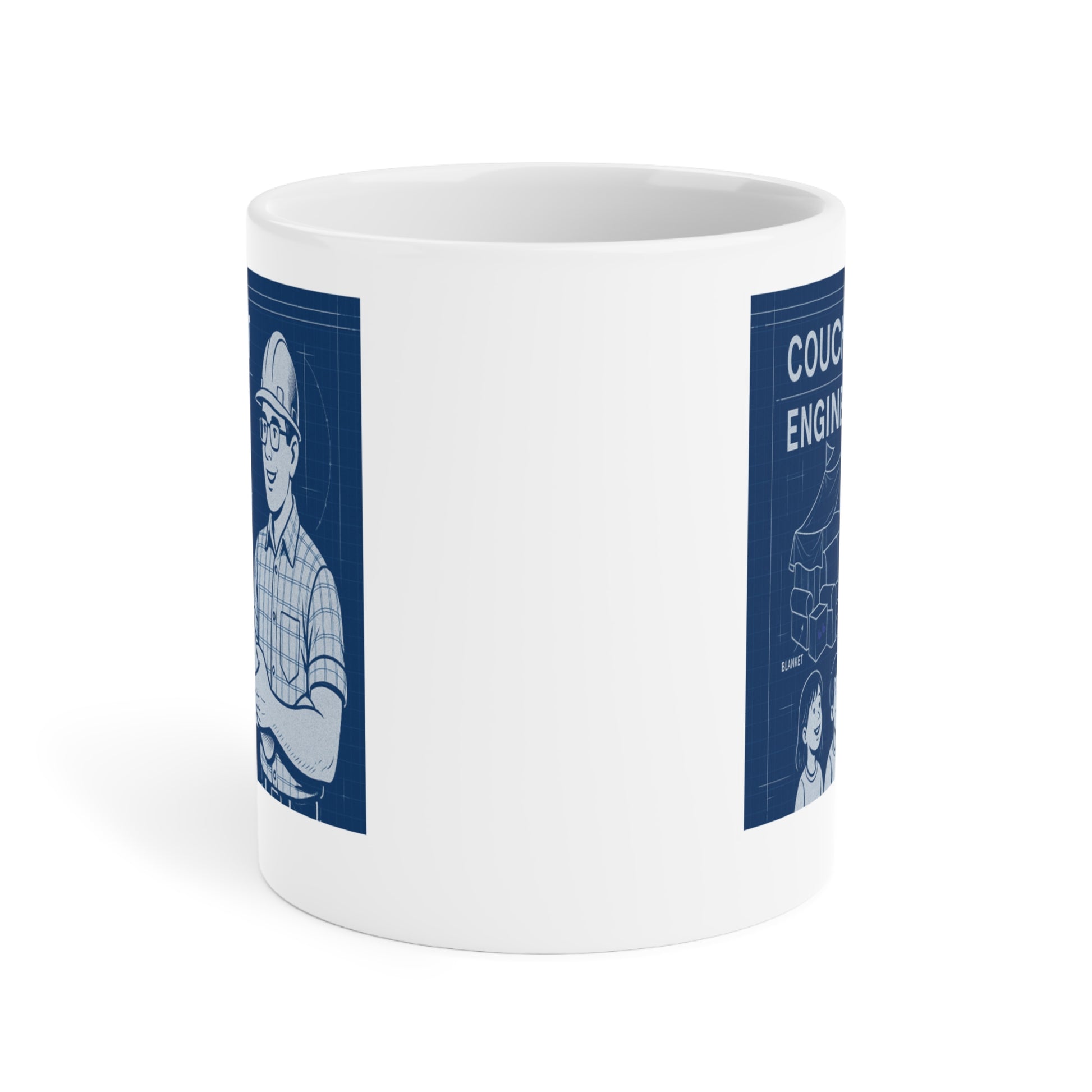 Blueprint-themed mug design reading ‘Couch Fort Engineer,’ depicting a dad wearing safety glasses and hardhat holding a plan, alongside a cutaway diagram of a living-room couch fort and three happy kids.