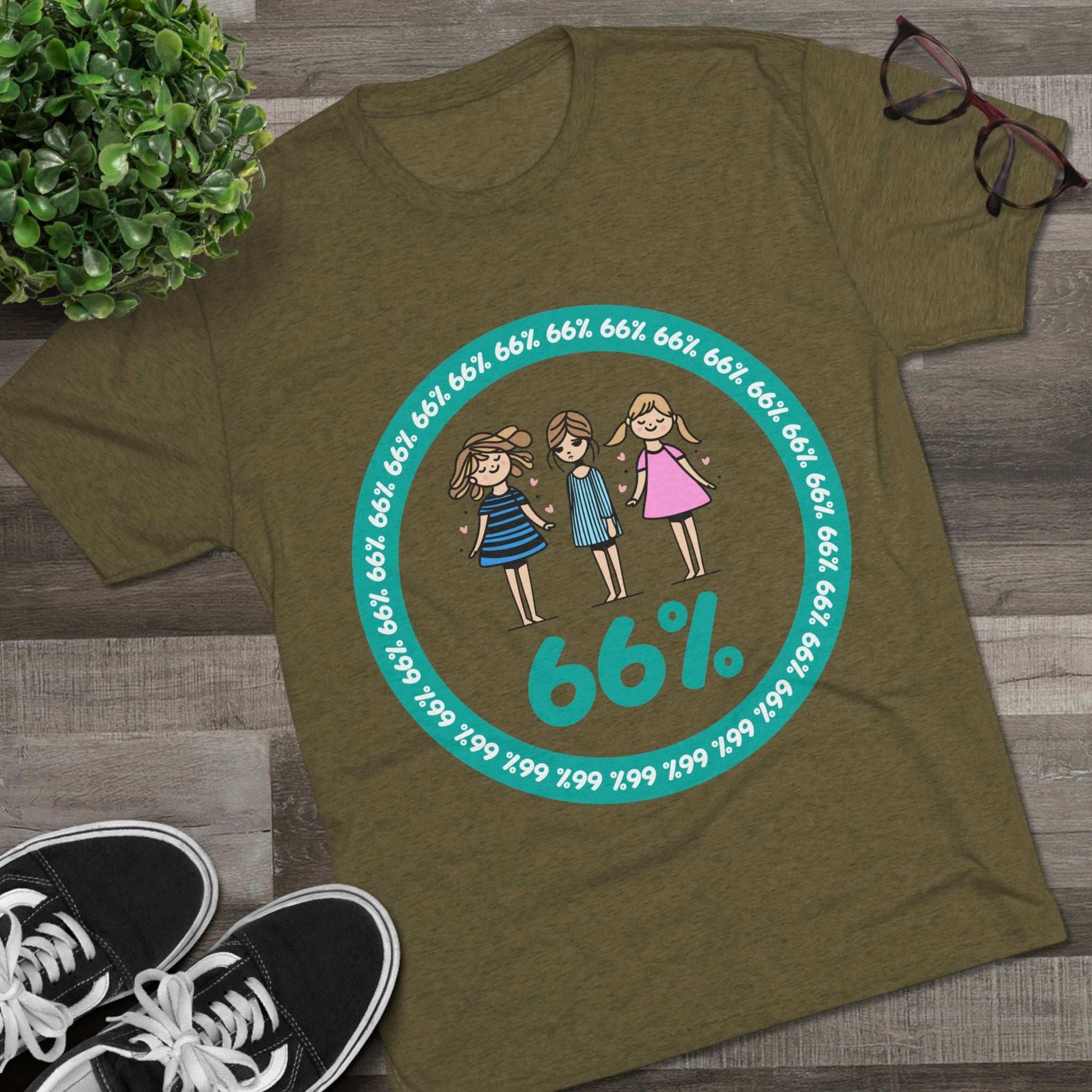 Flat-lay of tri-blend tee with three cartoon girls inside a teal 66% circle and repeating 66% border