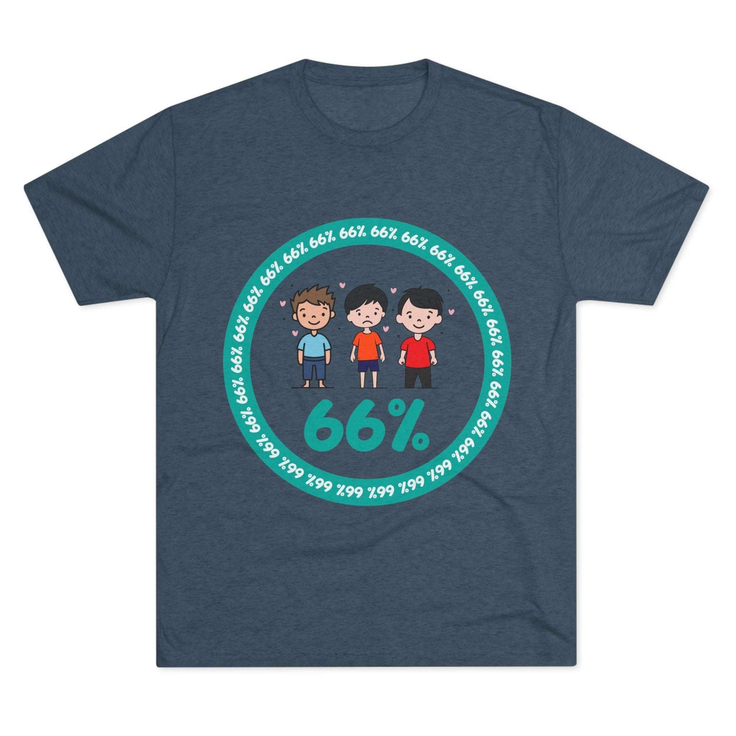 Flat-lay of tri-blend tee with three cartoon boys inside a teal 66% circle and repeating 66% border