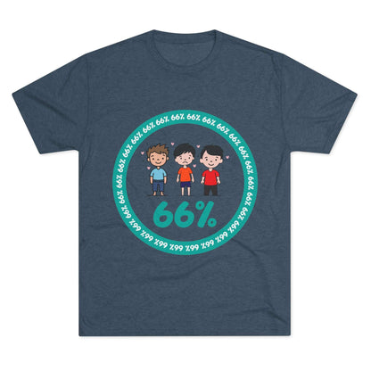 Flat-lay of tri-blend tee with three cartoon boys inside a teal 66% circle and repeating 66% border
