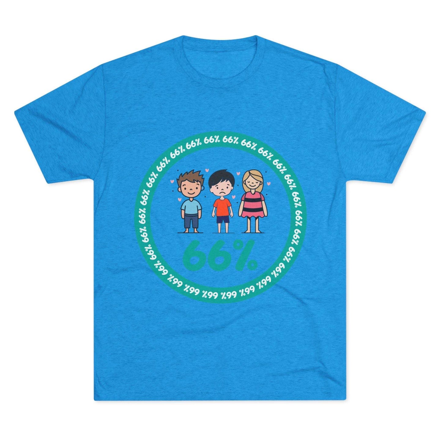 Flat-lay of tri-blend tee with two cartoon boys and one girl inside a teal 66% circle and repeating 66% border