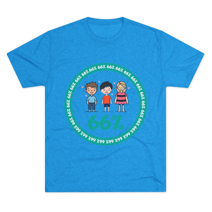 Flat-lay of tri-blend tee with two cartoon boys and one girl inside a teal 66% circle and repeating 66% border